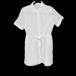 Zara White Eyelet Shirt Dress Medium Belted Cotton Summer Beach Coastal
